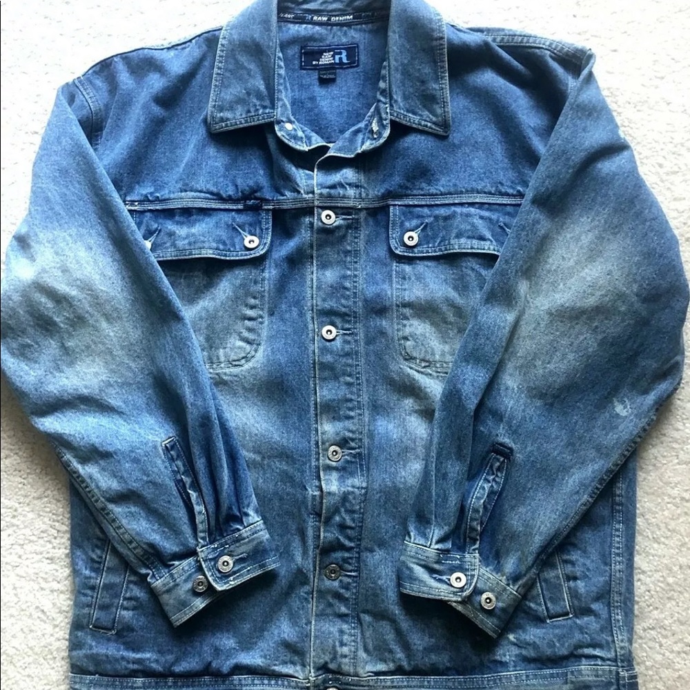 Vtg Raw Denim By Koman Oversized Distressed Mens Jean Jacket Sz Large Big & Tall